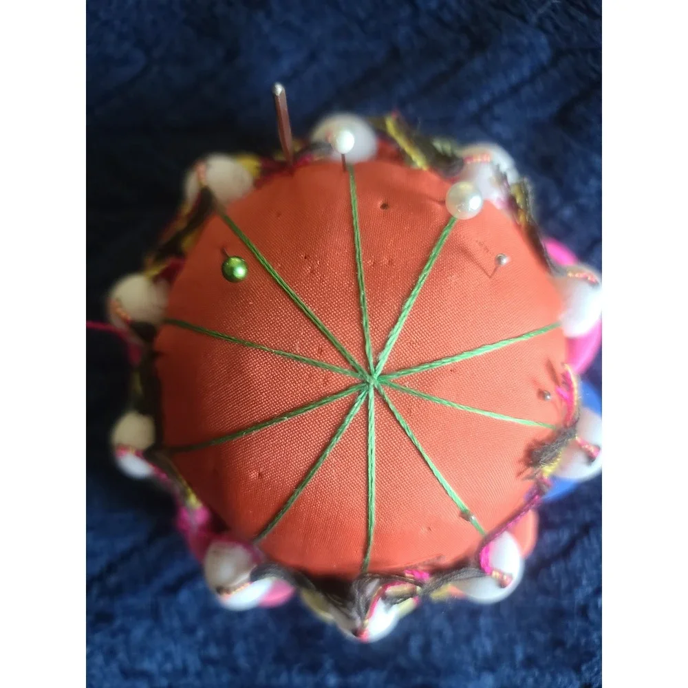 Vintage Chinese Folk Art Pincushion Orange with Colorful Children Figures Pins